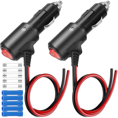 MKBKLLJY 2PCS 12V Cigarette Lighter Male Plug Replacement with Power On Off Switch Heavy Duty Male Plug Adapter 15A LED 1.64FT 14AWG Lead with Fuse Connector for Car Cooler Cb Radio Electric Cup