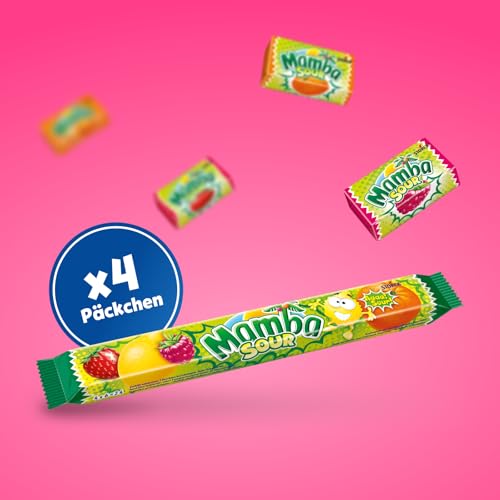 Mamba sour – 24 x 106g (4er Stange) – Leckere saure Kaubonbons mit vier fruchtigen Sorten – Saurer Süßigkeiten Mix