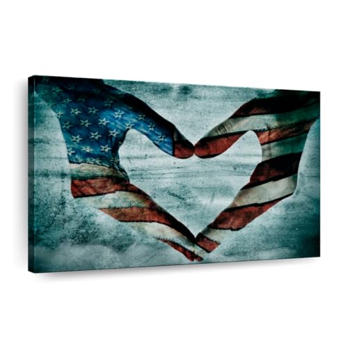 ElephantStock USA Heart Hands Wall Art - Horizontal Wrapped Canvas - 1-Piece Living Room Wall Decor - Digital Art Americana Canvas Print - Black and Blue Decor - 30" X 20"