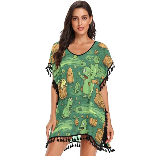 KAAVIYO Patterns Cartoon Platypuses Women's Beach Cover Up Chiffon Tassel Swimwear Swimsuit Coverups for Girl