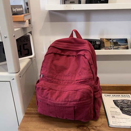 Image of Burgundy Red Canvas Backpack for Women Retro Aesthetic Rucksack Basic Backpack for High School /College Students Travel Laptop Bag