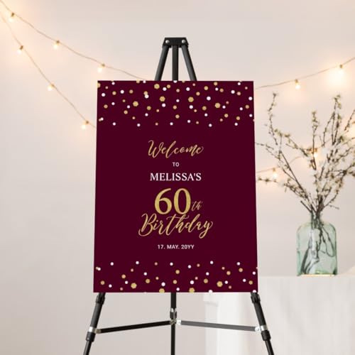 Gold Burgundy Confetti 60th Birthday Welcome Sign