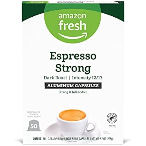 Amazon Fresh Espresso Strong Dark Roast Aluminum Capsules, Compatible with Nespresso Original Brewers, Intensity 12/13, 50 Count (5 Packs of 10)