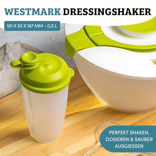 Foto von Westmark Mix- und Schüttelbecher/Dressingshaker mit Messskala, herausnehmbarer Mixscheibe und verschließbarem Ausgießer, Fassungsvermögen: 0,5l, Kunststoff, BPA-frei, Farbe: Transluzent/Grün, 2435227A