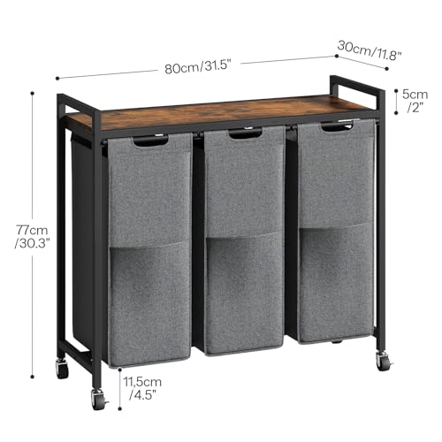 HOOBRO Laundry Sorter 3 Section, Laundry Hamper with Wheels, 3 × 11.5 Gal (43.4L), Rolling Laundry Basket, Pull-Out and Removable Oxford Fabric Laundry Bags, Rustic Brown and Grey BFG76XY01 by HOOBRO - Used condition - Image 3