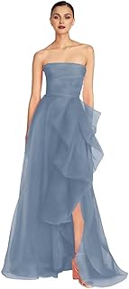 Laces Tulle Prom Dress for Women Ruched A Line Ruffle Evening Dress Strapless Sleeveless Slit Formal Party Gown