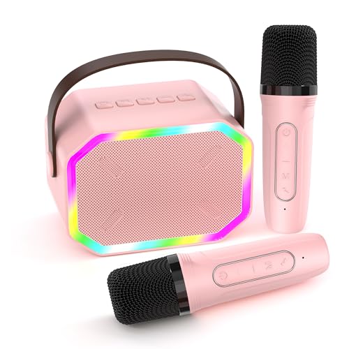 kids karaoke machine for girls kids, mini portable karaoke machine with 2 wireless microphones, birthday gifts for girls 4 5 6 7 8+years old toddler toys family home party (pink-2 mics) (pink-2mics) with2 girls4