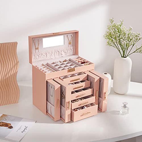 Anwbroad Huge Jewelry Box Jewelry Organizer Case 6 Tier 40 Hooks Display Storage Holder With Lock Mirror Girls Jewelry Box Earrings Rings Necklaces Bracelets Earrings Gift Faux Leather Pink Ujjb018F #TOP1