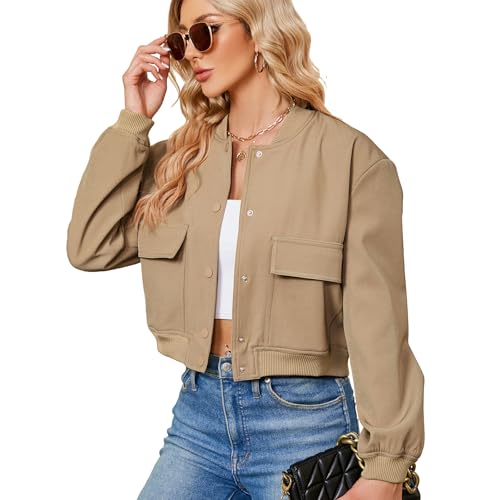 Zando Khaki Jacket Women - Cropped Bomber Jacket Women Button Down Womens Jackets for Womens with Pockets Long Sleeve Baseball Varsity Jackets for Daily Work Outdoor Travel Parties School Khaki S