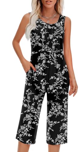 Image of Findsweet Spring Pajamas Sets for Women Soft Sleeveless Pjs Tank Top and Pants with Pocket Ladies Loungewear Sets 2XL, Carved White + Black