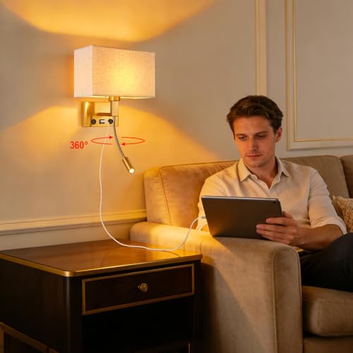 Image of Bedroom Wall Sconces, Hardwired Wall Lamp with USB and Reading Lamp Fabric Shade Bedside Wall Lights with Reading Lamp for Bedroom Living Room Hotels Corridors (Brass)