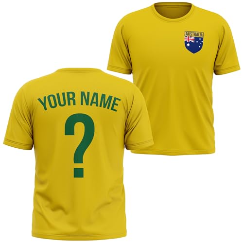 Image of Australia Kids Football T Shirt - Australian Team Badge Personalised Name Number - Aussie Boys Girls Tee, 7-8 Years, Yellow