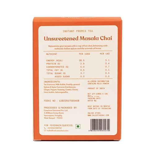 Image of Calcutta Chai Co Unsweetened Masala Chai | Instant Tea Premix | 15 Sachets | 210 Gram | Zero Added Sugar | Made With Assam Tea | Added Natural Spices