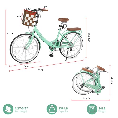 Foldable Beach Cruiser Bike for Women, 24/26 Inch Bikes for Women, 7 Speed Commute Bike with Basket Adult Bicycles for Women, Dual V-Brake and Adjustable Seat