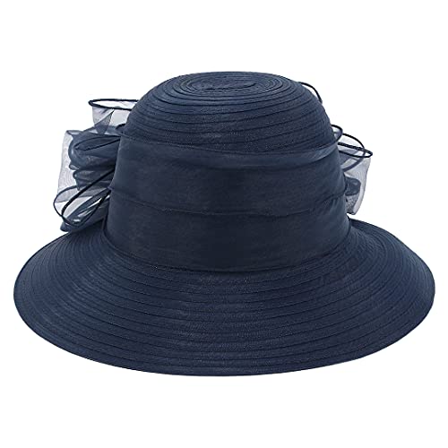 Haoohu Women's Church Derby Hat Wide Brim Bow Bucket Hat Wedding Dress Hat Fascinator Bridal Tea Party Hat Navy Blue #TOP2