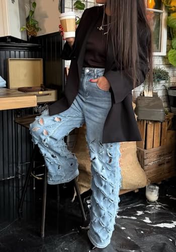 Vaceky Women's Baggy Ripped Hollow Out Straight Leg Stretch Casual Denim Jeans4