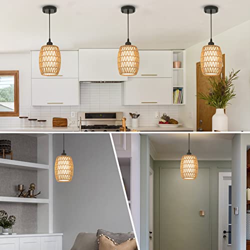 Eyassi Boho Pendant Light Fixtures,7" Hanging Lamp With Fabric Drum Shade,Rattan Chandelier Light Fixture Height Adjustable,Mini Woven Pendant Light For Kitchen Island,Living Dining Room,Bedroom #TOP6