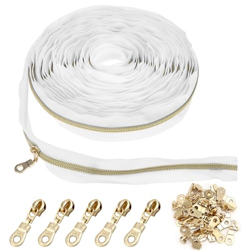 QWORK® 9 m x 3,2 cm Endlos-Reißverschluss goldfarben, 6 mm Spirale, inklusive 25 goldfarbene Nonlock-Zipper