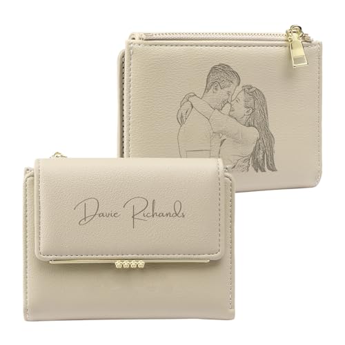 Personalized Photo Small Wallets for Women: Custom Name Picture Leather Womens Wallet -Zipper Coin Pocket Trifold Wallet - Birthday Mothers Day Christmas Gifts for Mom Grandma Ladies (Apricot)
