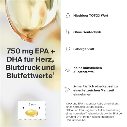 OMEGA 3 – täglich 1000mg Omega-3 Fettsäuren (mit 500 mg EPA & 250 mg DHA) | 60 Kapseln aus Fischgelatine | Nachhaltiges Fischöl, niedriger TOTOX