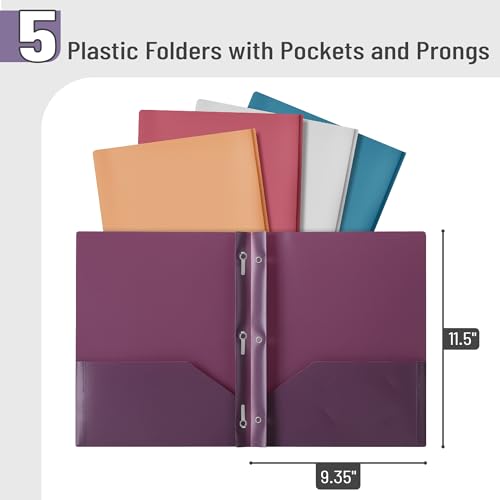 Mr. Pen- Plastic Folders with Pockets and Prong, 5 Pack, Assorted Colors, Pocket Folders, Folders with Prongs, File Folders with Fasteners, 2 Pocket Folder, Folder with Pockets