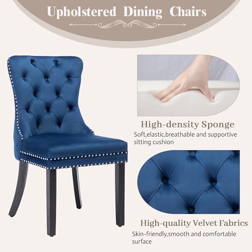 KCC Velvet Dining Chairs Set of 6, Upholstered High-end Tufted Dining Room Chair with Nailhead Back Ring Pull Trim Solid Wood Legs, Nikki Collection Modern Style for Kitchen, Blue