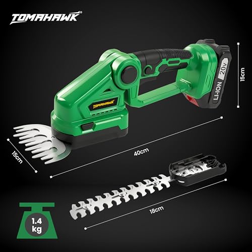 Image of TOMAHAWK CHT-20A 20V Cordless Hedge Trimmer with 1.5Ah Battery | 24 inch Dual Action Blade | Lightweight Handheld Grass & Shrub Cutter | Tool-Free Blade Change Garden Trimmer