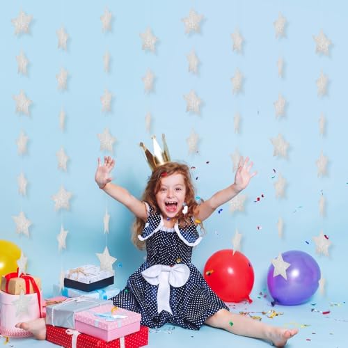 Image of Silver Glitter Star Garland Banner Streamers - 2.76 Inch 52 FT 4 Strands Paper - Hanging Garland for Bachelorette Birthday Engagement Baby Shower Bridal Shower Party Decorations