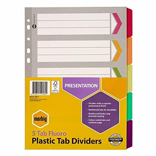Marbig Indices & Dividers 5 Tab Reinforced A4 Fluoro