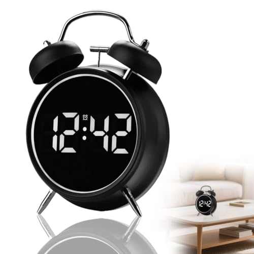Despertador digital con gran pantalla LED, reloj despertador retro con indicador de temperatura e indicador de fecha, diseño de doble campana, funciona con pilas y conexión de red USB (negro)