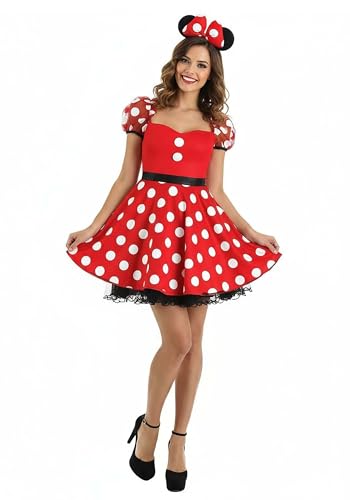 Womens Minnie Mouse Polka Dot Costume | Dress and Headband for Adults Disney Halloween Party Outfit X-Large