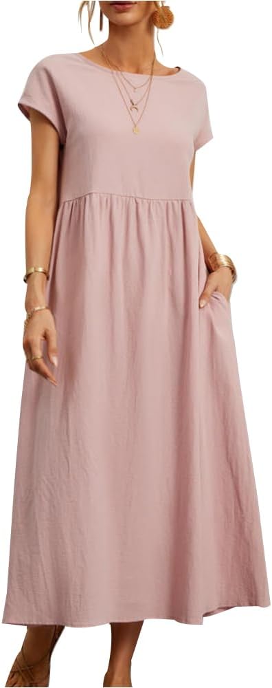Women's Cotton Linen Short Sleeve Flowy A Line Casual Summer Long Maxi Dress with Pockets