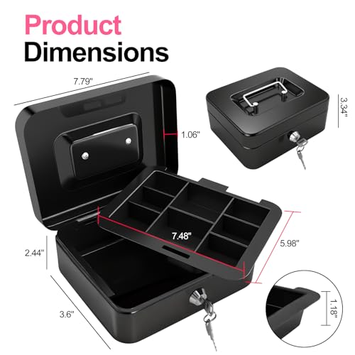 BOKE YOUNG 8\" Cash Box with Money Tray | Metal Money Safe Lock Box Storage with Key for Valuables | Five Compartment Cash Tray Coin Drawer | 7.79\"x6.30\"x3.34\" | Black Medium