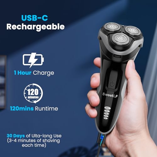Image of SweetLF Men's Electric Razor - 120 min runtime, 1-Hour Fast Charge, IPX7 Fully Waterproof, Wet & Dry Rotary Shaver with pop-up Trimmer, Type-C Rechargeable
