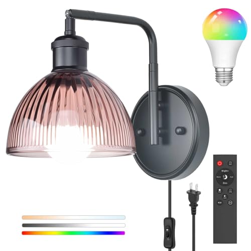 Swing Arm Wall Sconce, Plug in or Hardwired Black Wall Lamp with Coffee Brown Stripe Ribbed Glass Shade, Modern Remote Dimmable RGBW LED Bulb Lighting Fixture for Living Room Bedroom Bedside Bathroom