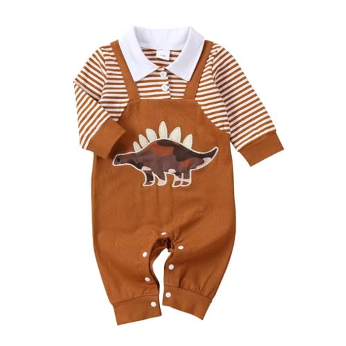 Image of Tepuce Baby Boy Clothes Fall Winter Outfits Infant Boys Long Sleeve Stripe Button Collared Romper Cartoon Clothing Set
