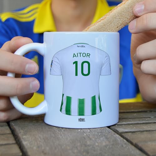 Taza del Betis personalizada con nombre y número más llavero del Betis caja de regalos del Betis taza de cerámica para te café o chocolate de 325 ml regalos para fanáticos del futbol(Betisx2c)