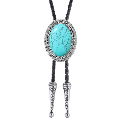 Image of Jeilwiy Bolo Tie for Men Real Stone Westwern Cowboy Ties Silver Bolos Women Leather Necktie Gift for Birthday Christmas