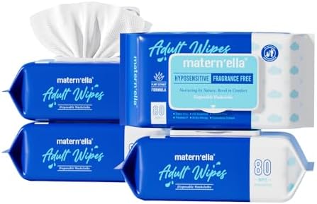 MATERN'ELLA Adult Wet Wipes, Cleansing Wash Cloths for Elderly Care, 99% Pure Water for Incontinence, Personal Bath, Alcohol-Free, 4 Flip-Top Packs(320 Wipes Total)