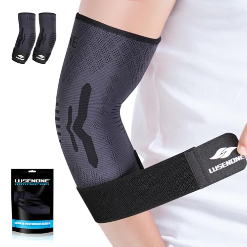 Lusenone Elbow Support with Strap for Women/Men, 2 Pack Elbow Compression Sleeve, Adjustable Tennis Elbow Brace Support for Tennis/Golfers Elbow, Tendonitis, Arthritis Relief, Weightlifting, Gym, M