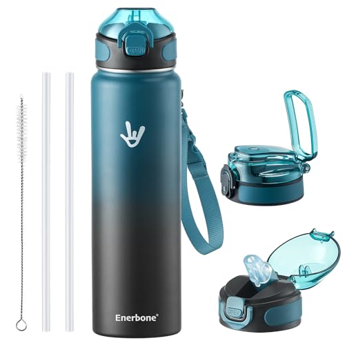 Enerbone 32 oz Insulated Water Bottle, 32oz 2 Lids (with Straw/No Straw), Stainless Steel Double Wall Flask for Hot & Cold Drinks, Leakproof Travel Bottle for Gym, Office, Hiking