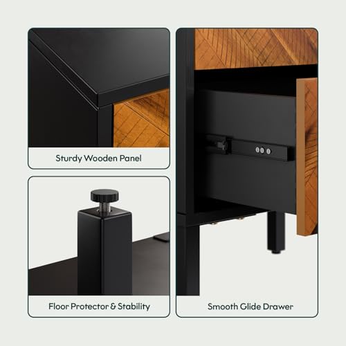 Image of Bme Vivian Nightstand with 2 Drawers, Solid Acacia Wood Bedside Table, Rustic Golden Brown Mid Legacy Modern Night Stand with Storage for Bedroom, Solid Wood End Table with Metal Legs