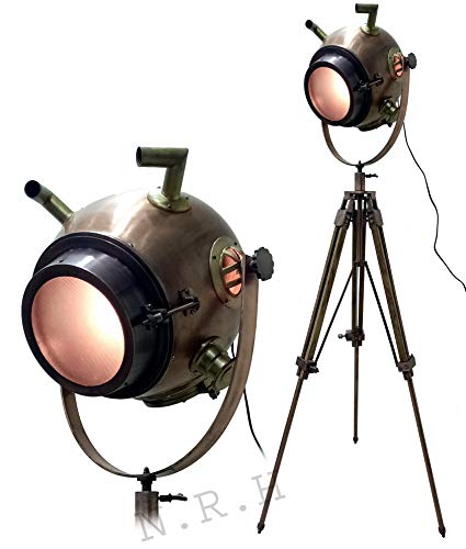 Image of Nautical Searchlight Spotlight Floor Lamp with Wooden Tripod Stand