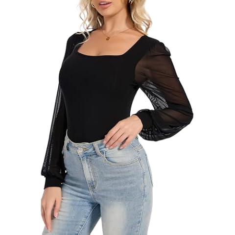 SHAPERIN Women Square Neck Bodysuit Long Lantern Sleeve Top Puff Sleeve Body Suit Elegant Blouse Tops Cover