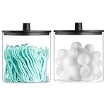 TIPGO Glass Qtip Holder Dispenser - 24 oz Clear Canister Jar, Bathroom Vanity Storage Organizer for Cotton Swabs, Pads, Floss Picks, Small Containers for Makeup Storage (Black)