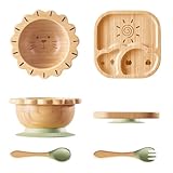 BABY REMEMBER Suction Plates Bowls Set for Baby Toddler Non-Toxic Bamboo Feeding Set with Silicone Fork & Spoon (Green Feeding Set)
