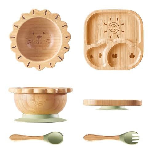 BABY REMEMBER Suction Plates Bowls Set for Baby Toddler Non-Toxic Bamboo Feeding Set with Silicone Fork & Spoon (Green Feeding Set)