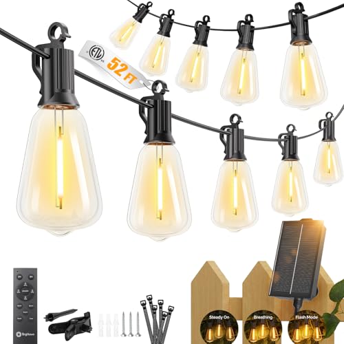 Image of Brightown 52FT Solar String Lights Outdoor Waterproof, Patio Lights with Remote and 15+1 LED Shatterproof Bulbs, Dimmable & Timable, 3 Light Modes, Solar Lights Outdoor for Yard Garden Camping Party