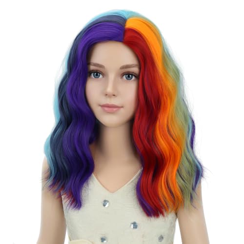 Image of PATTNIUM Colorful Wavy Wigs for Kids Girls Rainbow Side Part Shoulder Length Heat Resistant Synthetic Wig Halloween Cosplay Costume Party Wigs