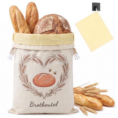 TopEsct Sac à pain réutilisable en lin - 43 x 33 cm - Revêtement en cire d'abeille naturelle - Garde la fraîcheur - Sac de rangement en coton pour pain fait maison, pâtisserie